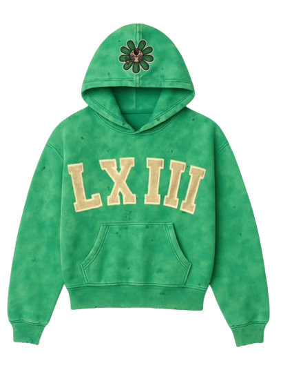 Green LXIII Hoodie by Leaf – Distressed Finish with Signature Flower Artwork
