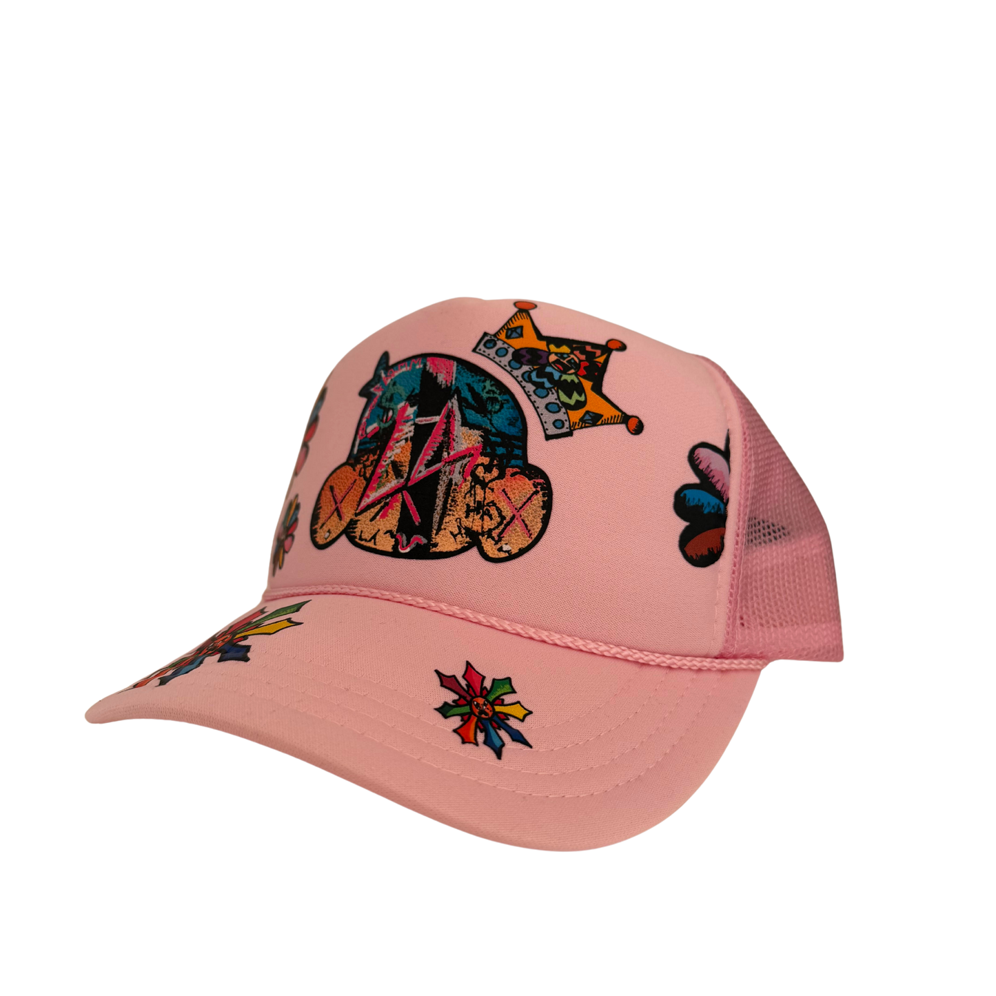 Hand-Printed Pink Snapback Hat by Leaf – One-of-a-Kind with LA Pin + Flower Pin