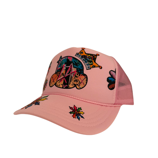 Hand-Printed Pink Snapback Hat by Leaf – One-of-a-Kind with LA Pin + Flower Pin