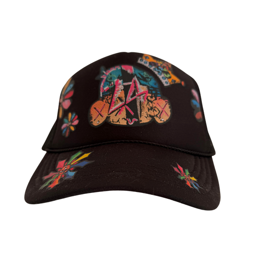 Hand-Printed Black Snapback Hat by Leaf – One-of-a-Kind with LA Pin + Flower Pin