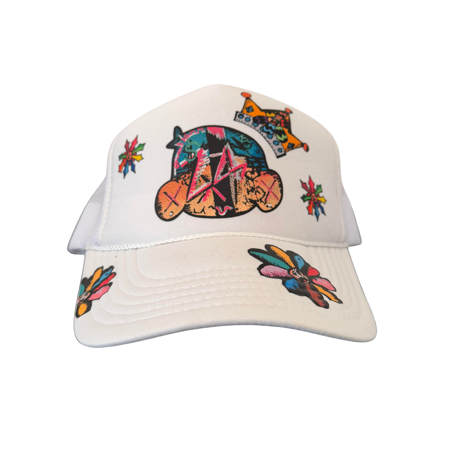 Hand-Printed White Snapback Hat by Leaf – One-of-a-Kind with LA Pin + Flower Pin