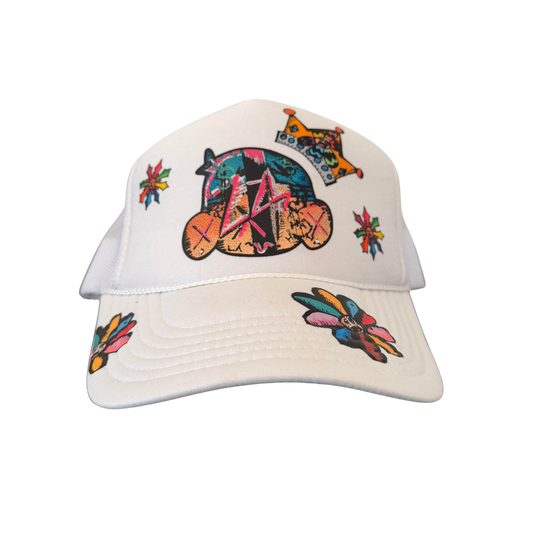 Hand-Printed White Snapback Hat by Leaf – One-of-a-Kind with LA Pin + Flower Pin